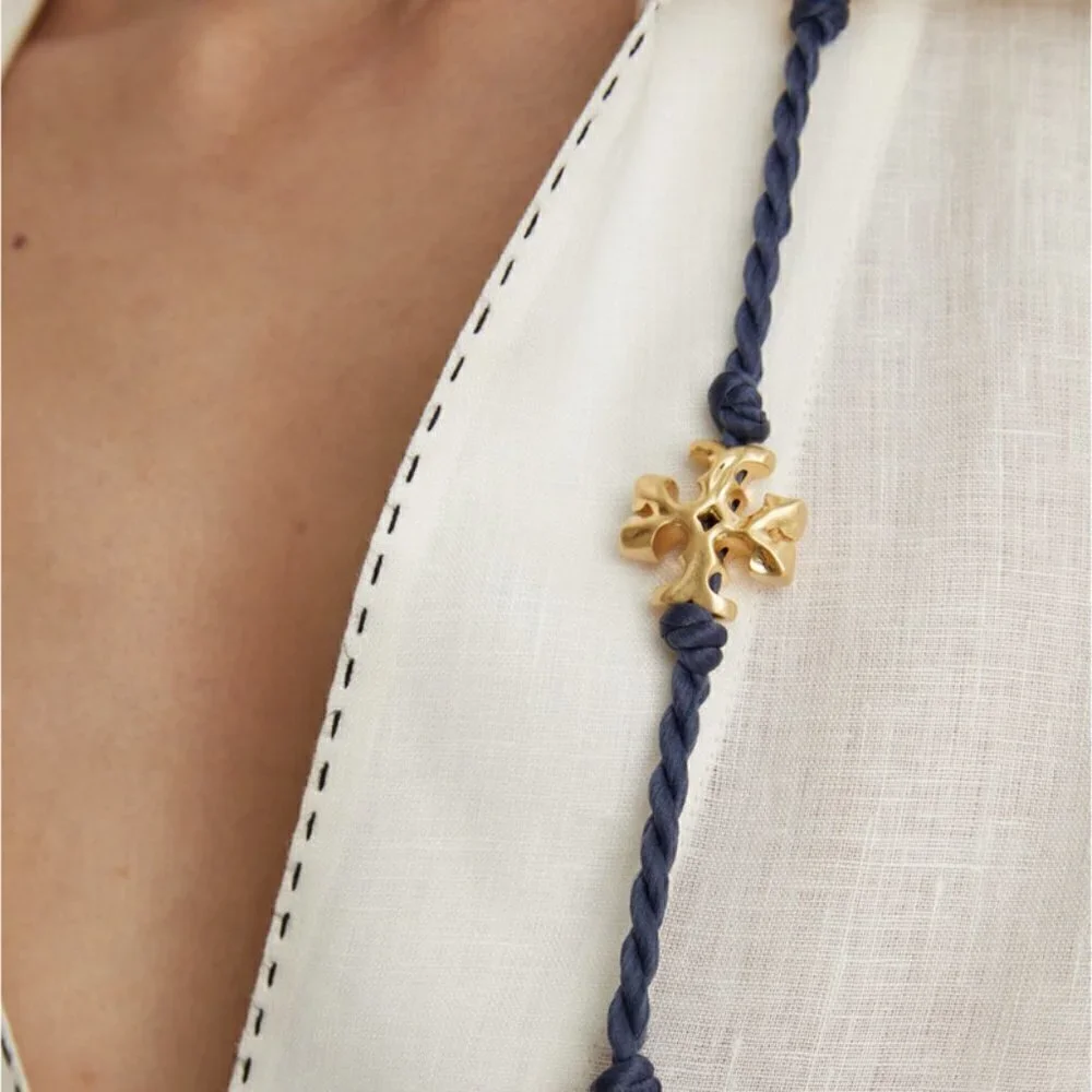 Tory Burch Long Beaded Necklace Silk Cord Gold Beads Statement Layering Necklace